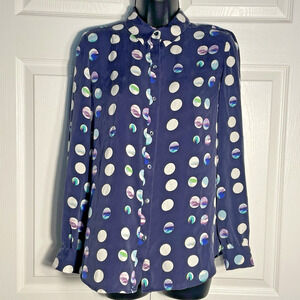 Classiques Entier Silk‎ Blend Shirt Women Extra Small Blue Big Polka Dot Blouse
